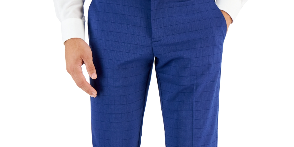 Perry Ellis Portfolio Men's Slim Fit Check Dress Pants Blue Size 34X32