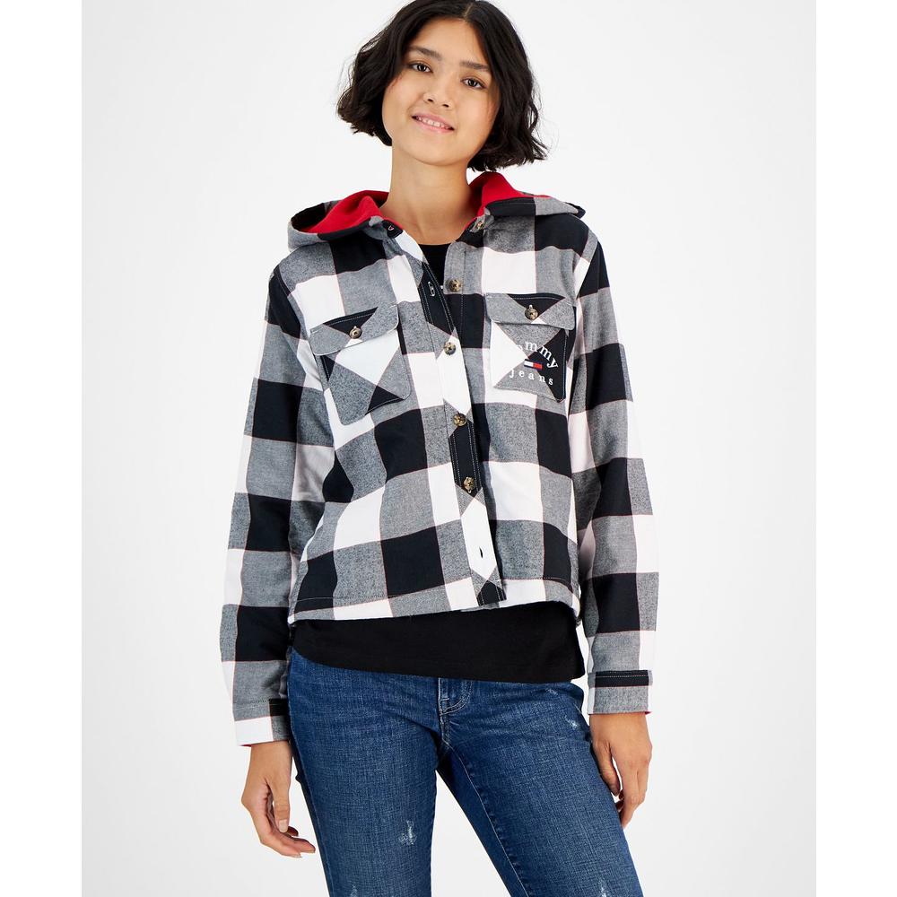 Tommy Hilfiger Tommy Jeans Women's Plaid Fleece Lined Hooded Shirt Jacket White Size Small