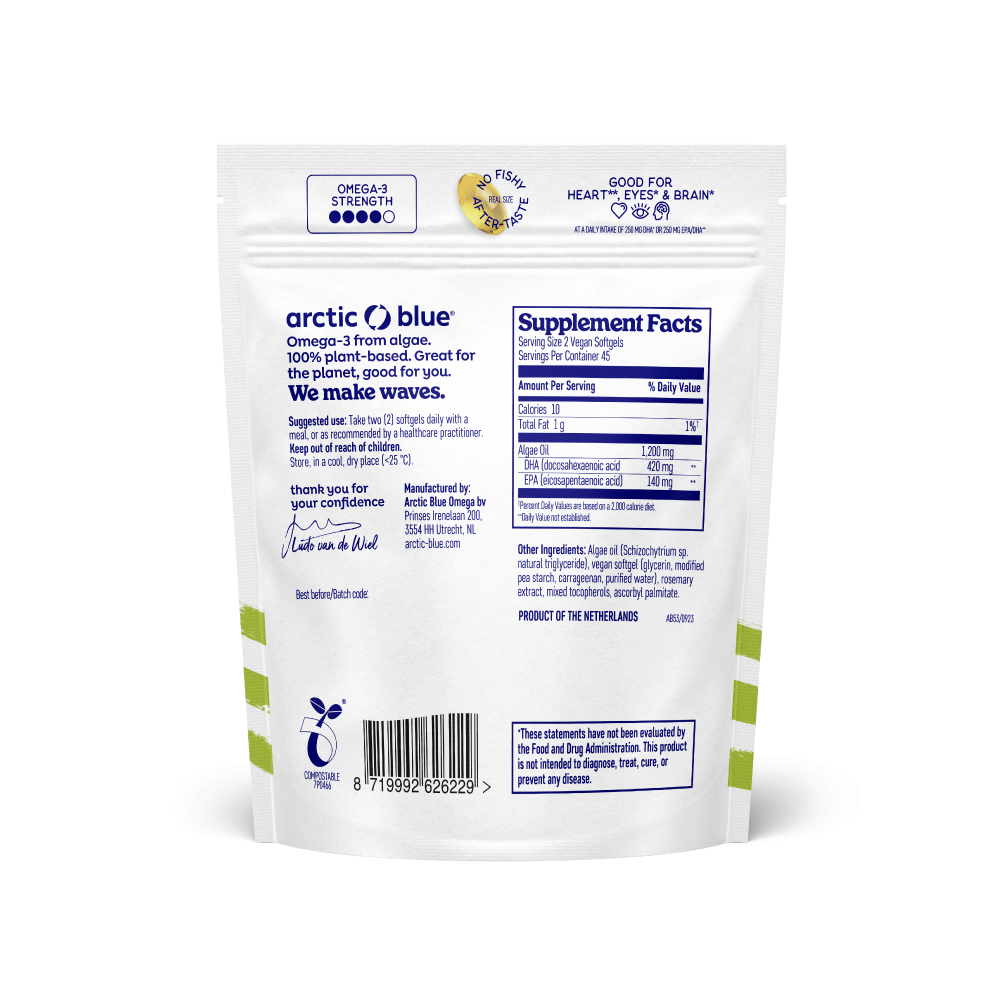 Arctic Blue Vegan Omega-3,Plant-Based Algae Oil DHA & EPA Capsules,90 Softgels