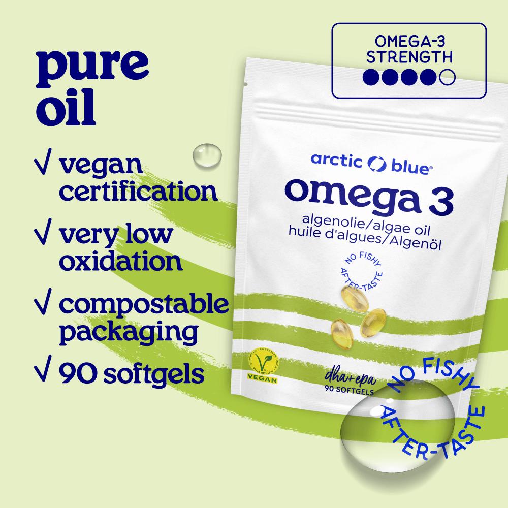 Arctic Blue Vegan Omega-3,Plant-Based Algae Oil DHA & EPA Capsules,90 Softgels