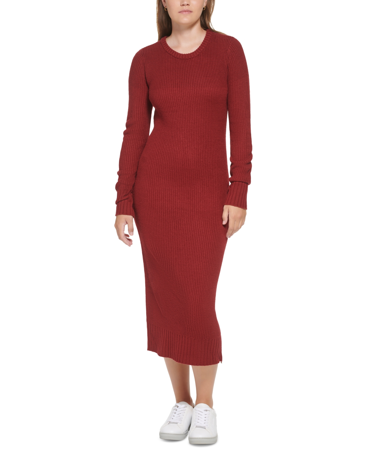 Calvin Klein Women's Long Sleeve Crewneck Side Slit Dress Red Size X-Small