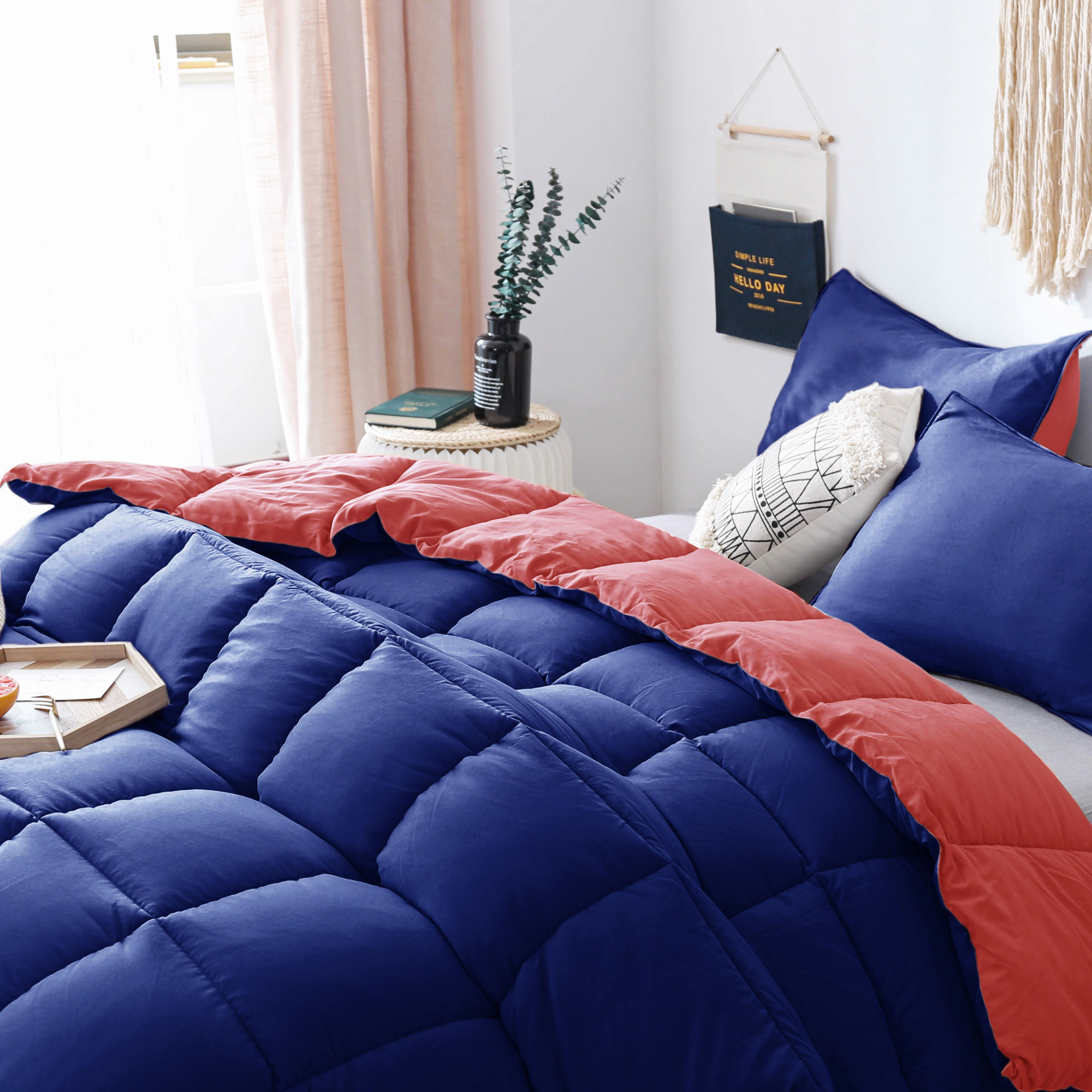 Kasentex Reversible Cozy Soft Luxury Down Alternative Comforter Set Navy/Coral with 2 Pillow Shams