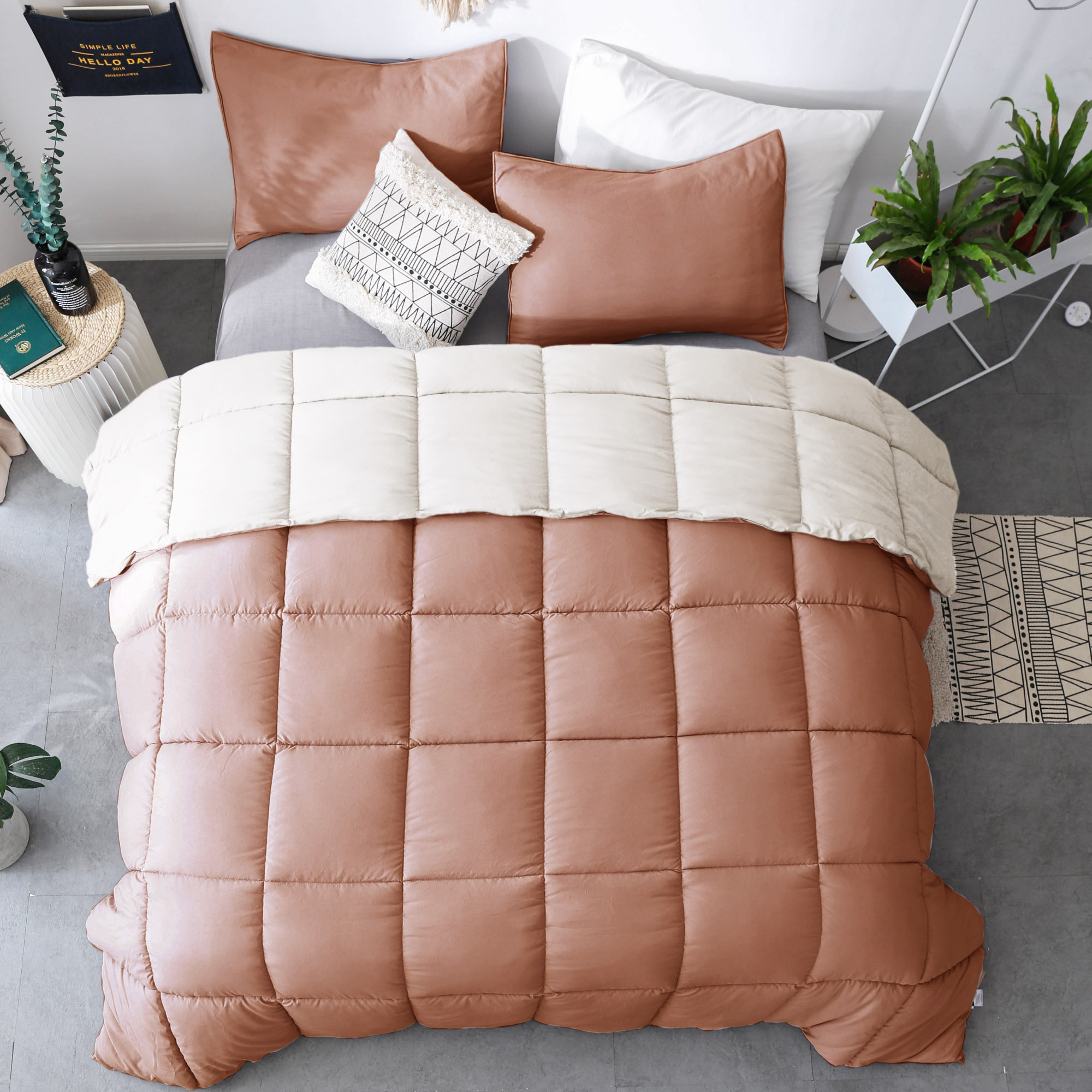 Kasentex Reversible Cozy Soft Luxury Down Alternative Comforter Set Orange/Beige with 2 Pillow Shams