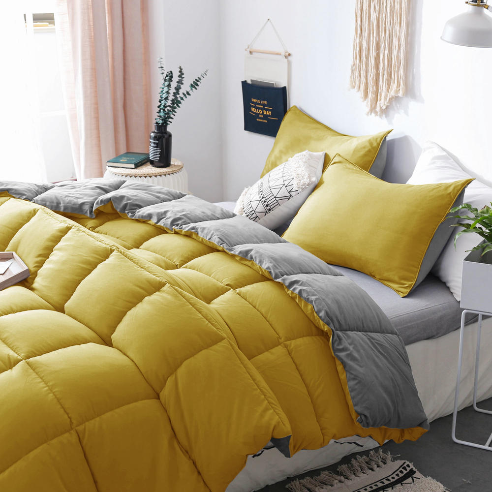Kasentex Reversible Cozy Soft Luxury Down Alternative Comforter Set Yellow/Gray with 2 Pillow Shams