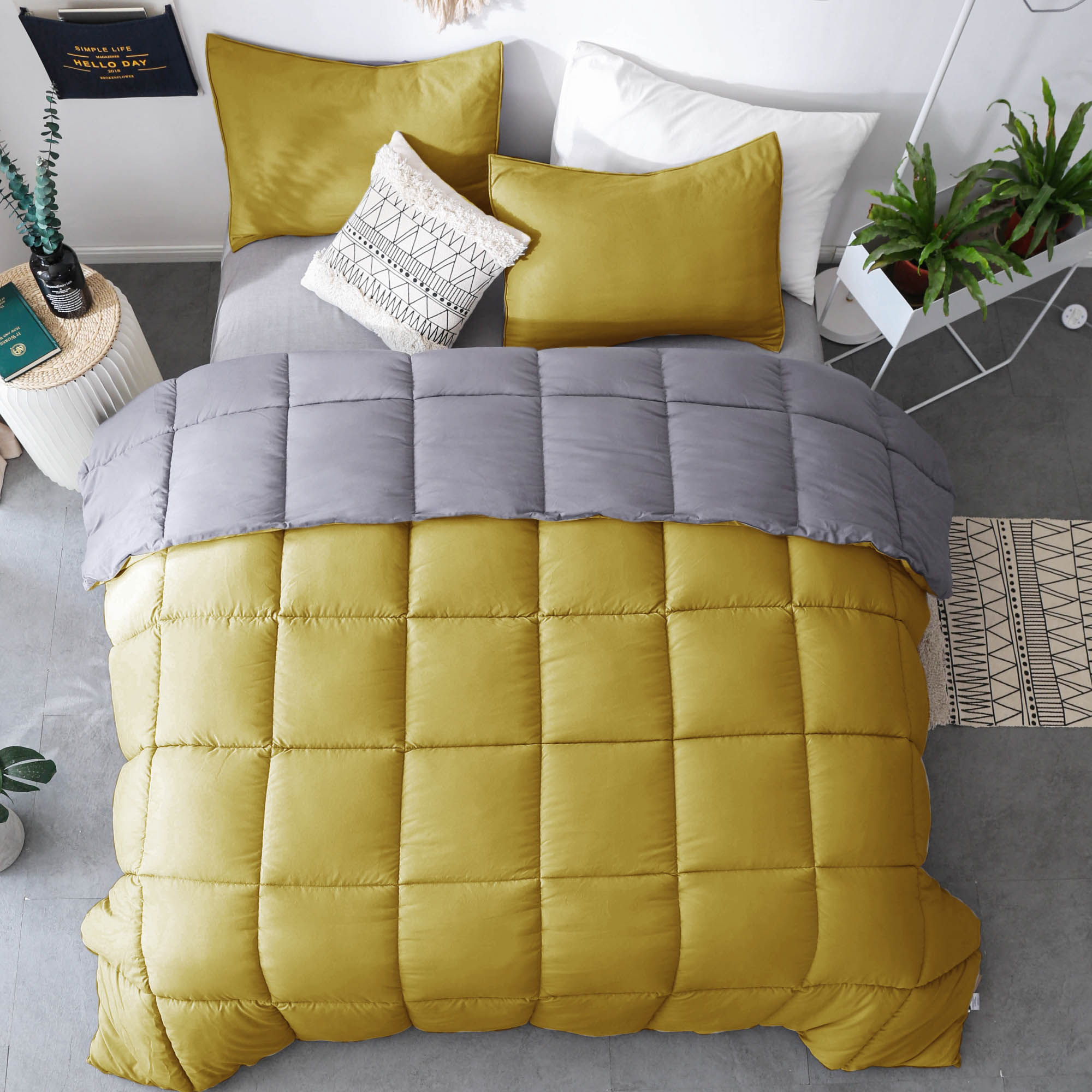 Kasentex Reversible Cozy Soft Luxury Down Alternative Comforter Set Yellow/Gray with 2 Pillow Shams