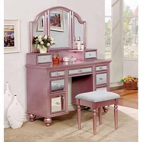 Faxrxg5347 Howley Girls Bedroom 3 Piece Set Vanity Desk Tri Fold Mirror Stool In Pink Woo Set Vanity Desk Tri Fold Mirror Stool, Vanity And Mirror With Stool