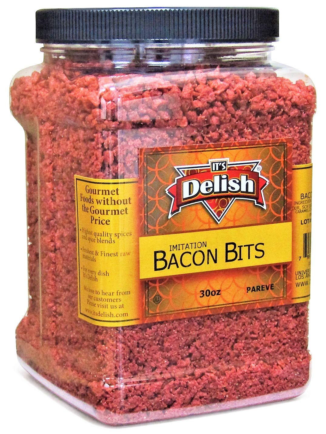 It's Delish Imitation Bacon Bits 30 Oz Jumbo Reusable Container | Kosher Parve Vegan for Salad Topping, Eggs, Baked Potatoes