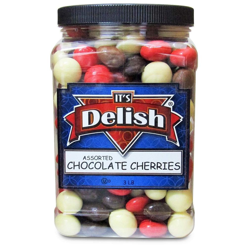 It's Delish Gourmet Chocolate Covered Cherries Medley ,3 lbs Jumbo Reusable Container | Mix of Milk, Dark, White and Red Chocolate Cherries