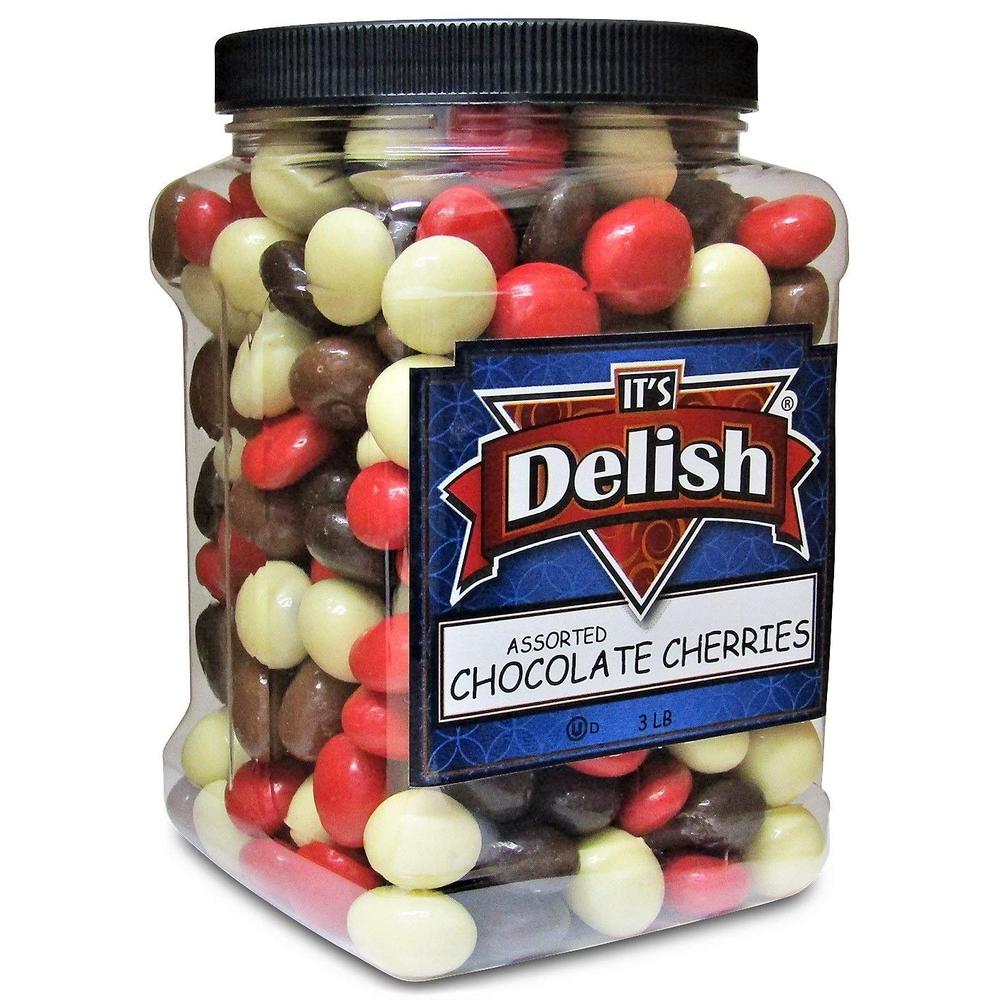 It's Delish Gourmet Chocolate Covered Cherries Medley ,3 lbs Jumbo Reusable Container | Mix of Milk, Dark, White and Red Chocolate Cherries