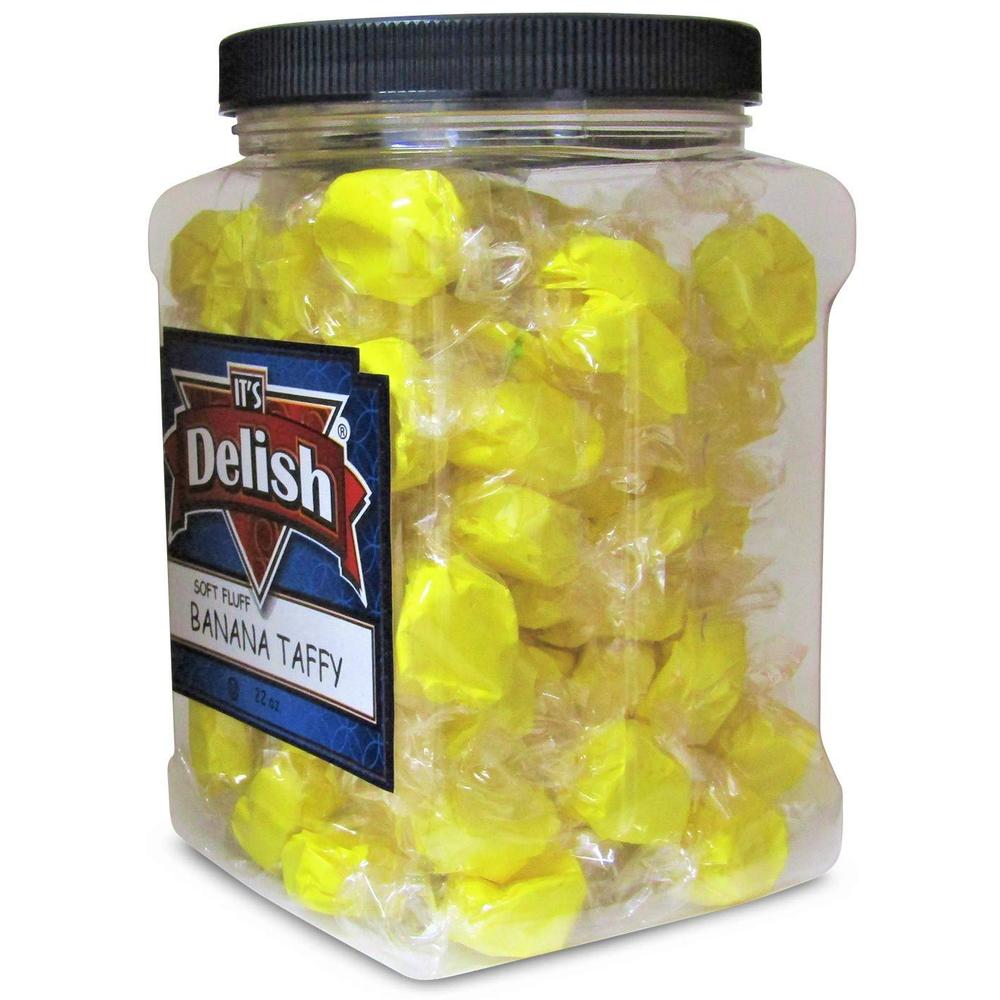 It's Delish Gourmet Yellow Banana Soft Taffy Candy Chews  – 22 Oz Jumbo Reusable Container – Sealed to Maintain Taste – Banana Fruit Chews 