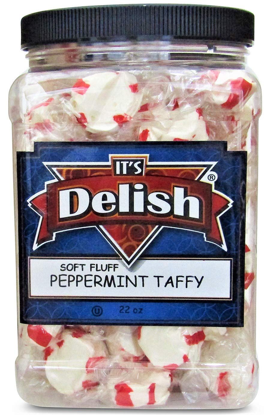 It's Delish Soft Fluff Peppermint Taffy Chews  – 22 Oz Jumbo Reusable Container – Individually Wrapped Minty Sweet & Juicy Candy Taffies