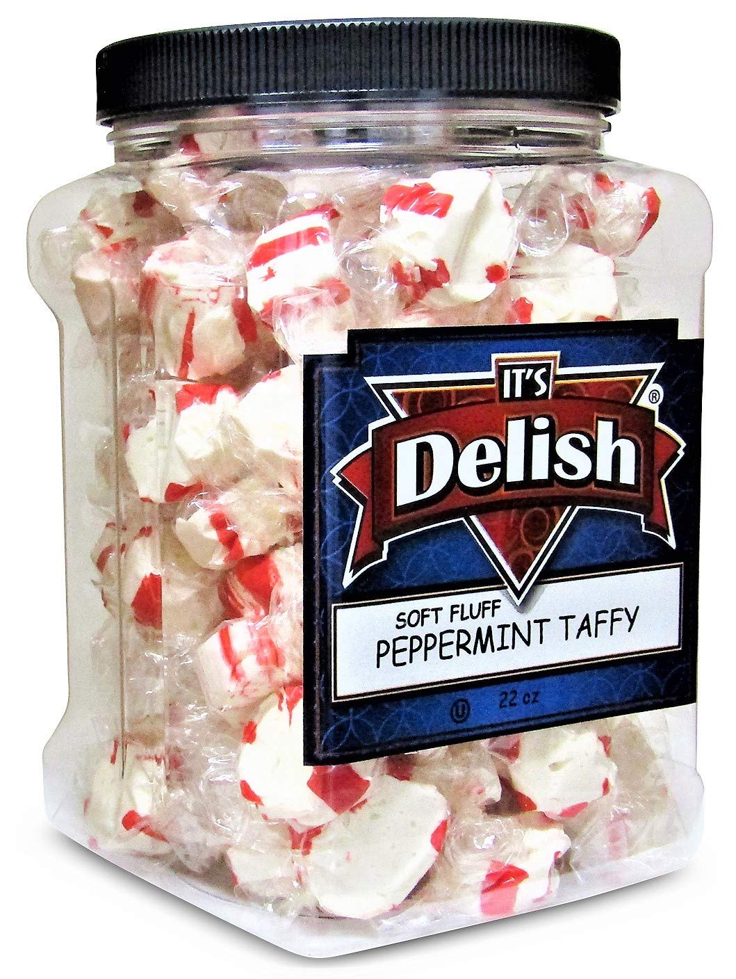 It's Delish Soft Fluff Peppermint Taffy Chews  – 22 Oz Jumbo Reusable Container – Individually Wrapped Minty Sweet & Juicy Candy Taffies