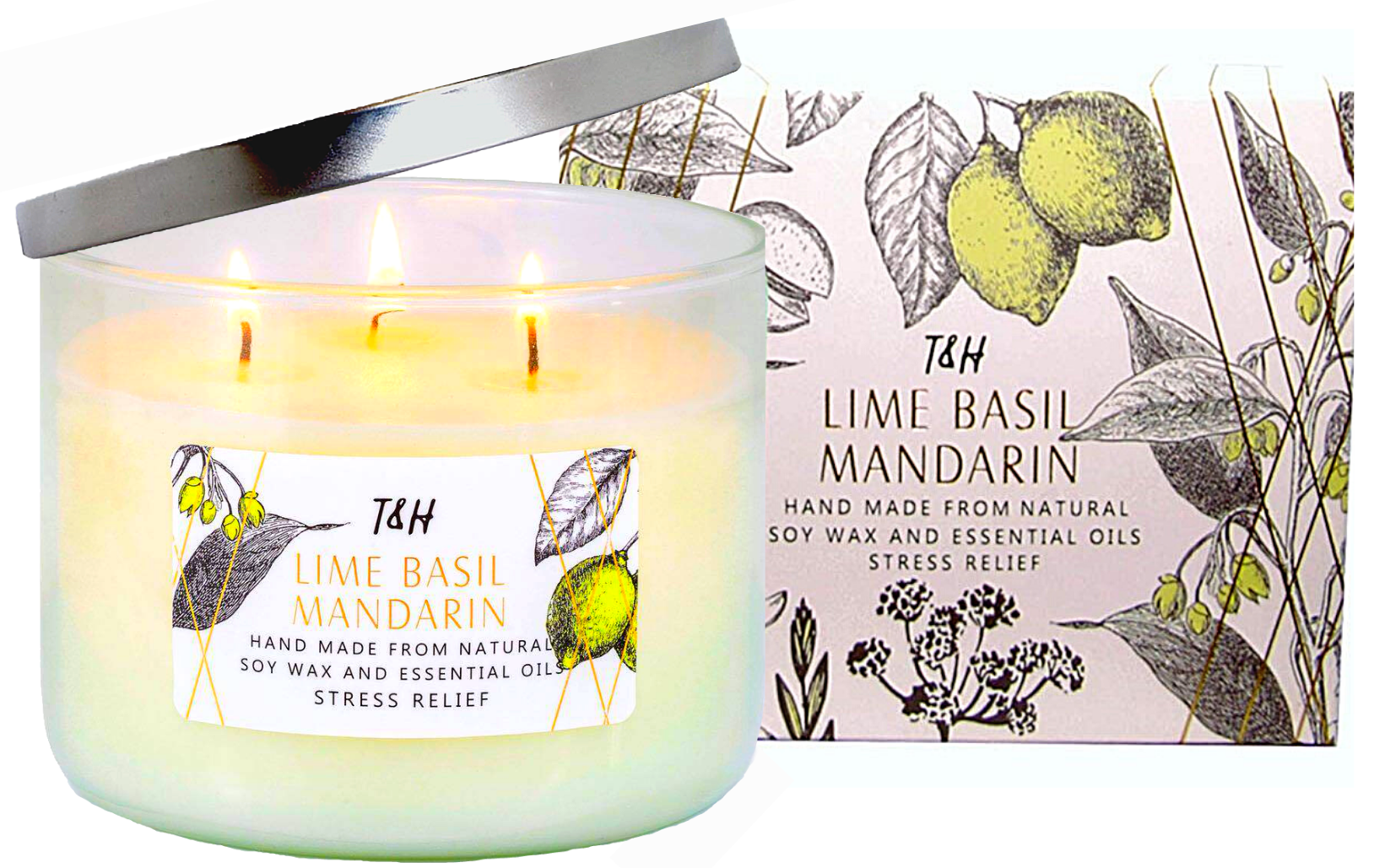 T H Lime Basil Mandarin 3 Wick Aromatherapy Candle For Stress Relief All Natural Soy Wax And Essential Oil Candle Gift For Women