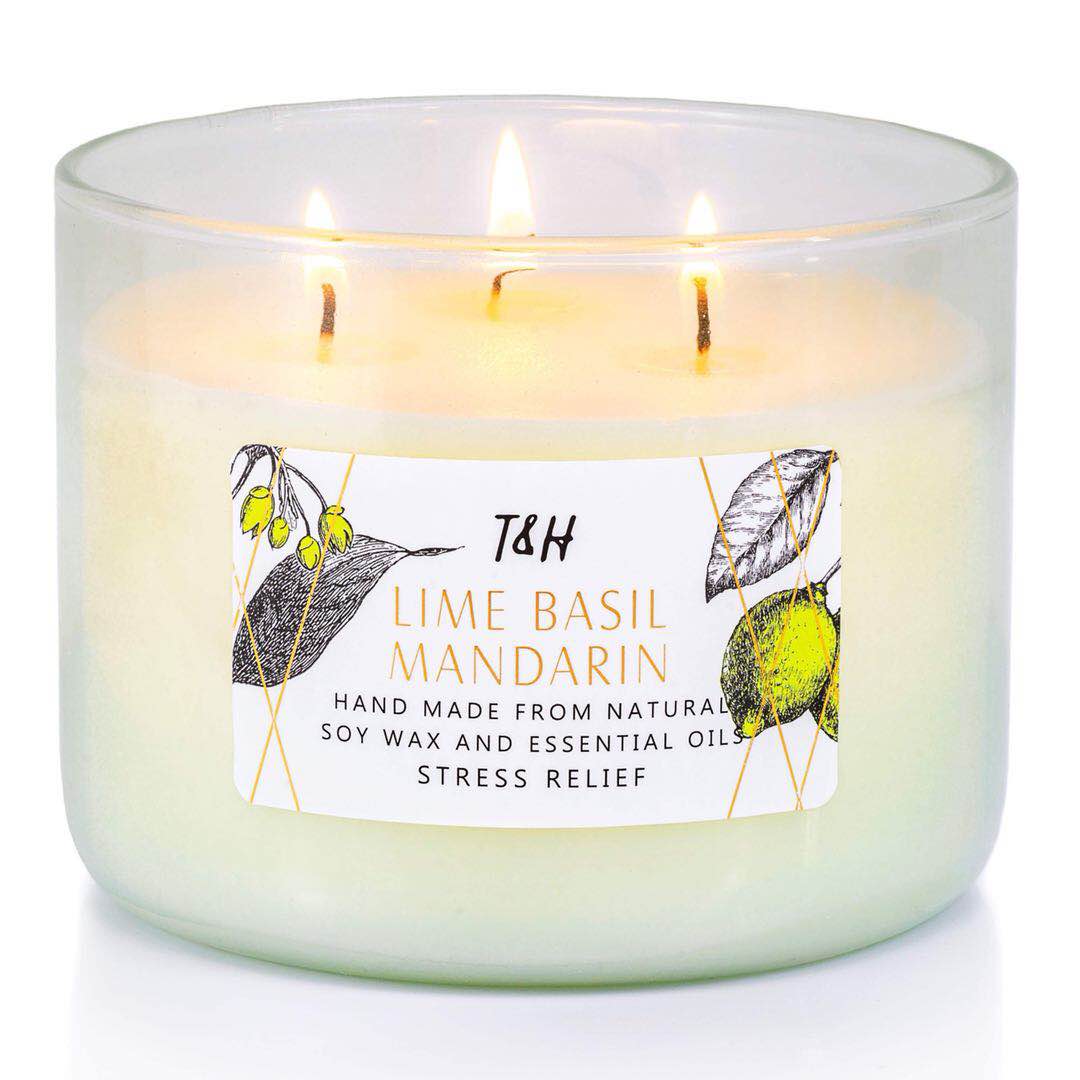 T H Lime Basil Mandarin 3 Wick Aromatherapy Candle For Stress Relief All Natural Soy Wax And Essential Oil Candle Gift For Women