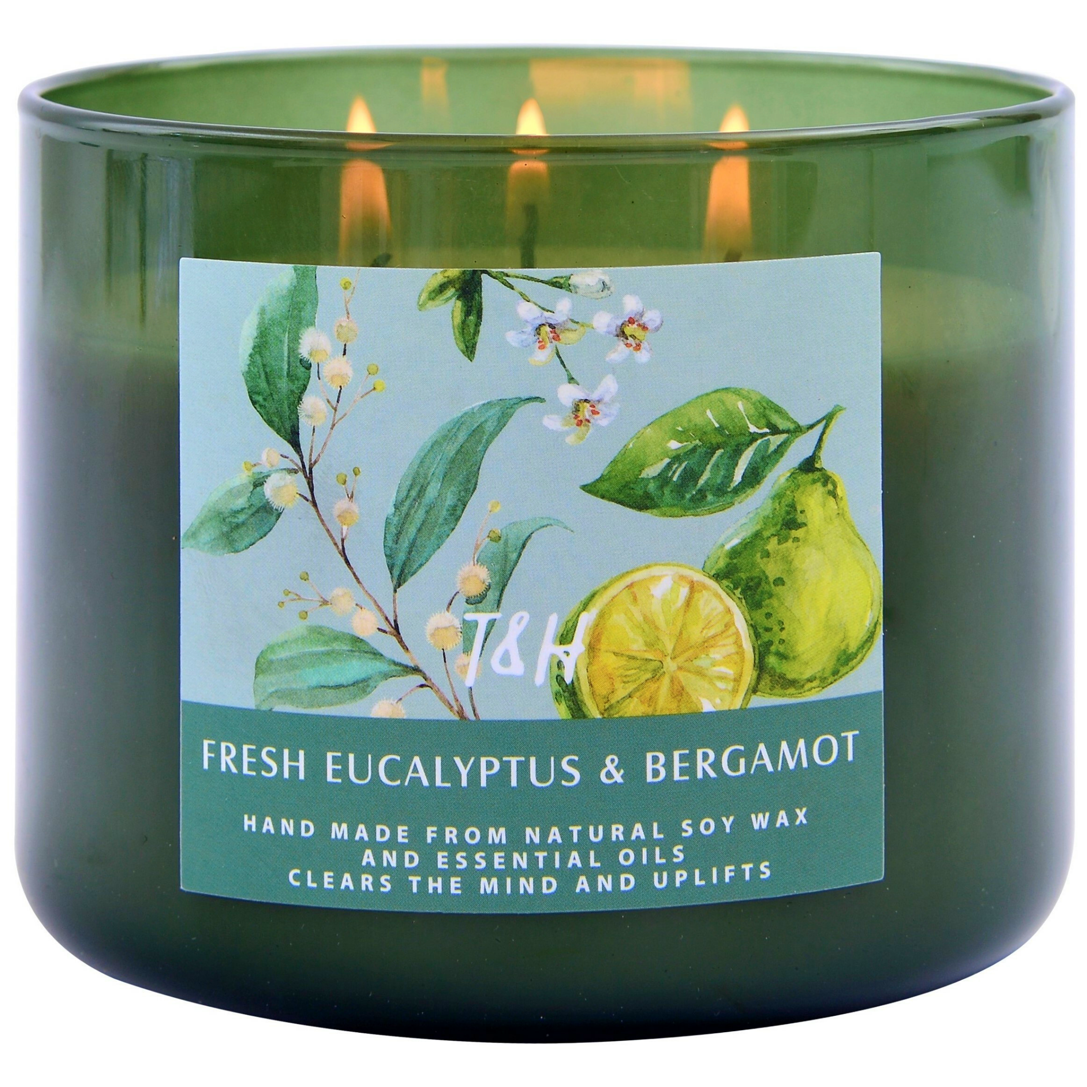 T&H Fresh Eucalyptus Bergamot 3-Wick Candle | Natural Soy Wax Candle for Home, 15.8 Oz Large Aromatherapy Candle for Men and Women