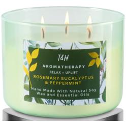 T&H Rosemary Eucalyptus Peppermint 3Wick Candle | Natural Soy Wax Candle for Home, 15.8 Oz Large Aromatherapy Candle for Focus