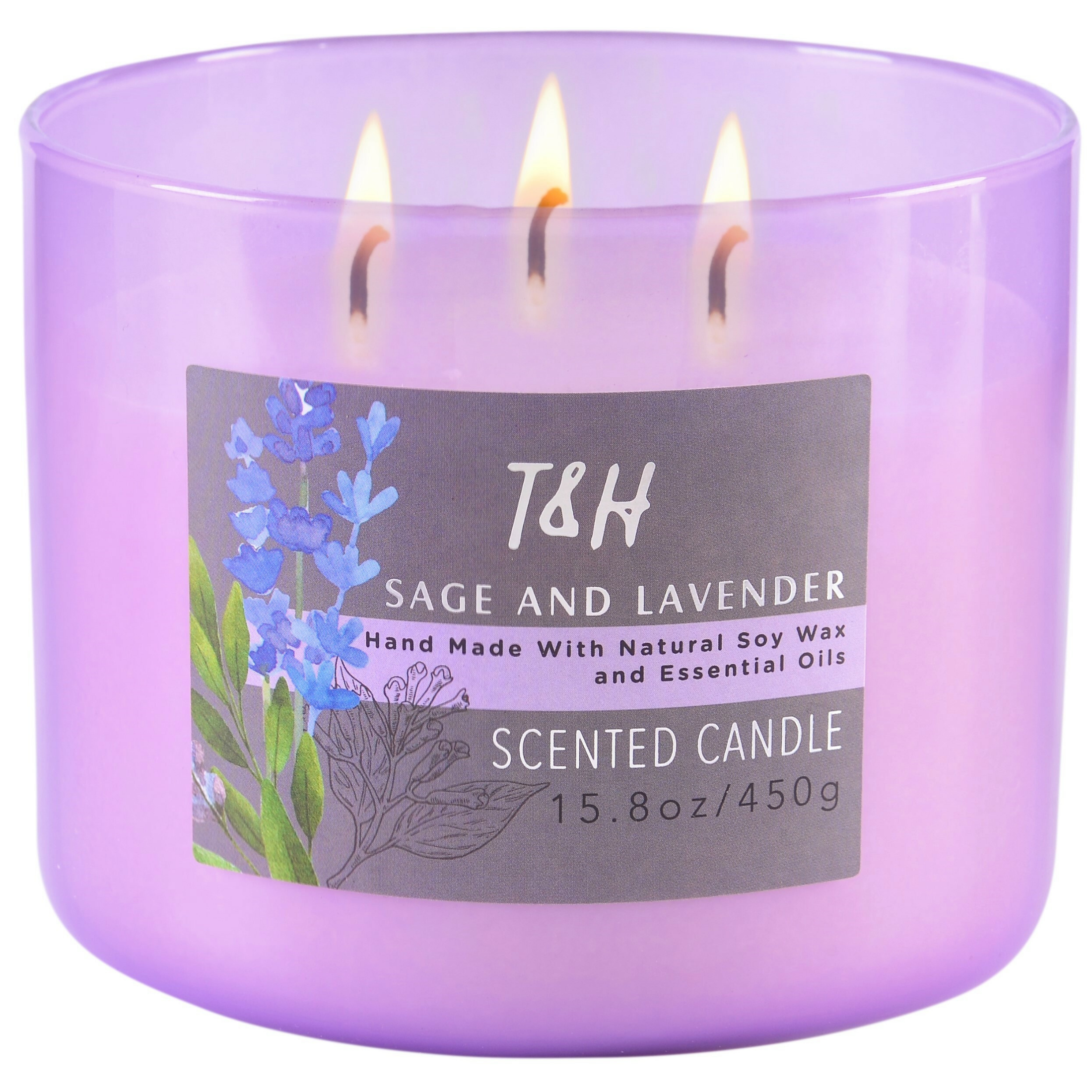 T&H Sage Lavender 3 Wick Scented Candle | Natural Soy Wax Candle for Home, 15.8 Oz Large Aromatherapy Candle for Relaxation