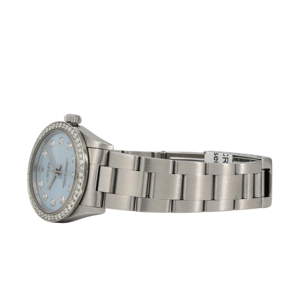 Monary Rolex Oyster Perpetual, Stainless Steal Oyster Bracelet, Light Blue Dial, 18K White Gold Diamond Bezel 32mm Watch