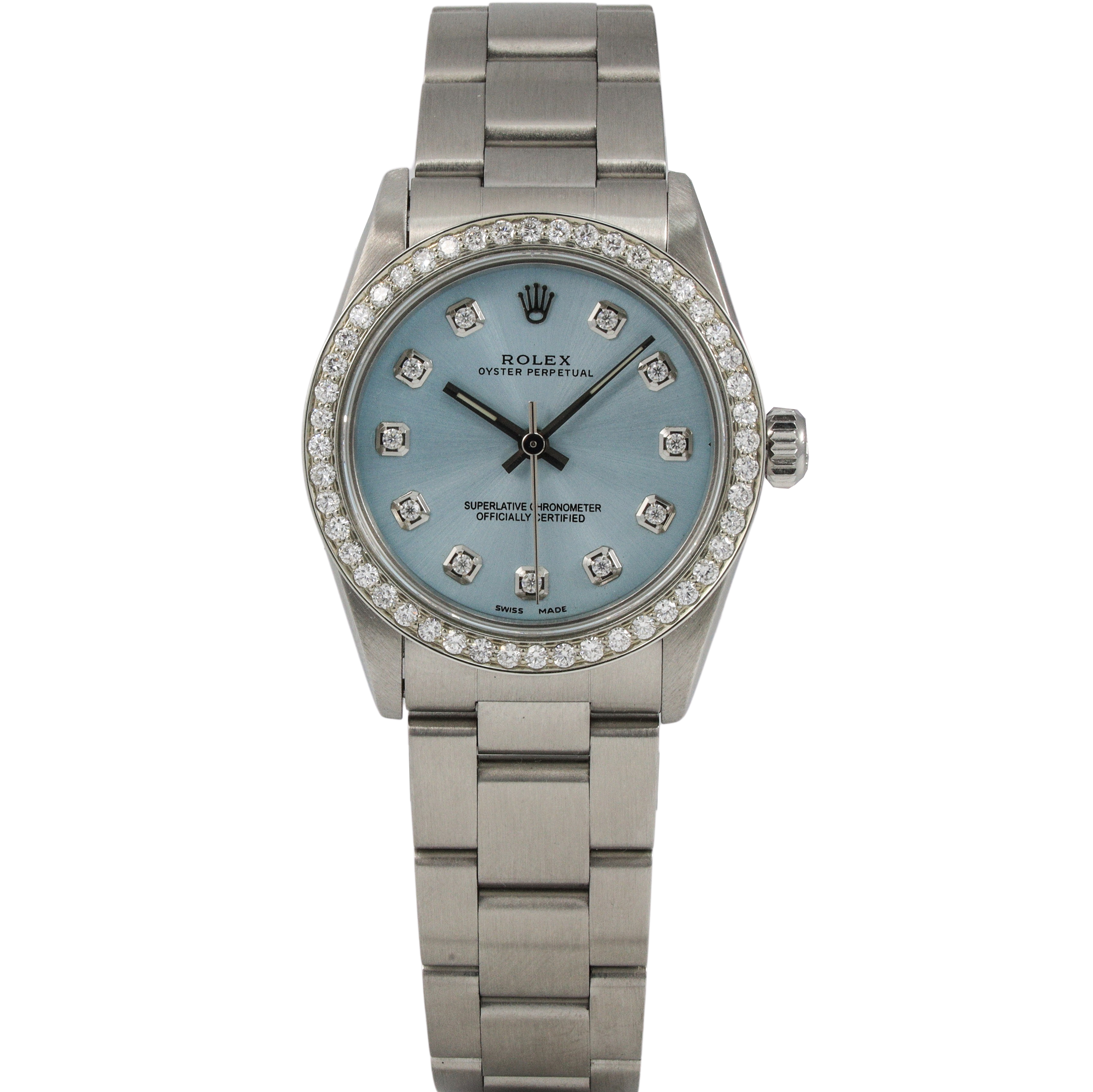 Monary Rolex Oyster Perpetual, Stainless Steal Oyster Bracelet, Light Blue Dial, 18K White Gold Diamond Bezel 32mm Watch