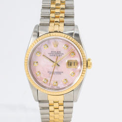 Monary Rolex Datejust Two-Tone Oyster Bracelet, Pink MOP Diamond Dial, 18KT Yellow Gold Bezel, 36mm Watch