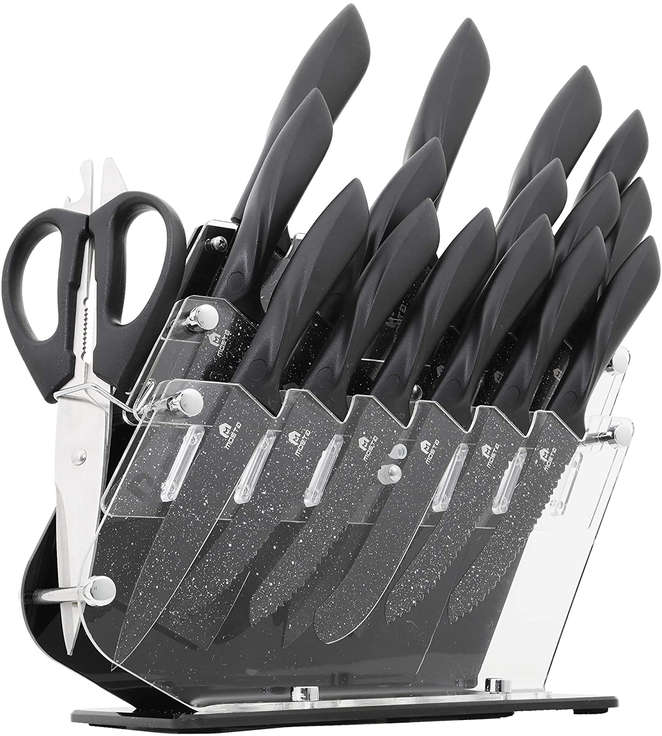 MOSTA Ceramic Coated Knife Block Set with 16Pcs Kitchen Knives, Chef Knife,Bread Knife,Steak Knife,Chopper Knife,Butter Knives,Cheese