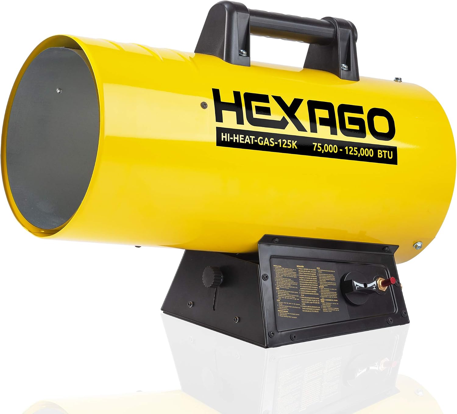 Hexago HI-HEAT-GAS-125K HEXAGO 125,000 BTU Adjustable Portable Propane  Forced Air Heater, Height Adjustable CSA Listed, Yellow, Heating up to  3,125 sqft