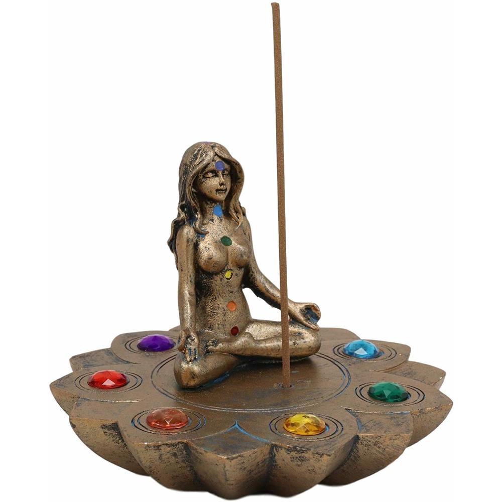 Ebros Gift Ebros Feminine Triple Goddess Yoga with Chakra Lotus Flower Incense Stick Holder