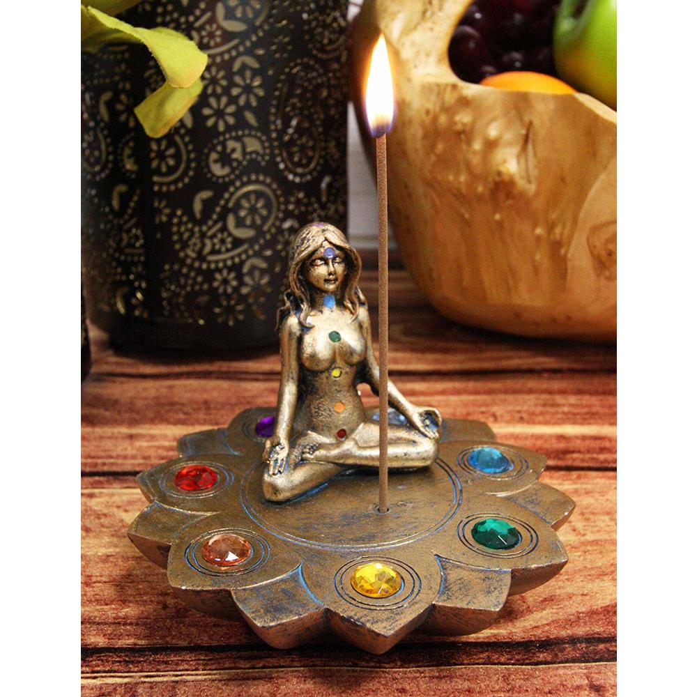 Ebros Gift Ebros Feminine Triple Goddess Yoga with Chakra Lotus Flower Incense Stick Holder