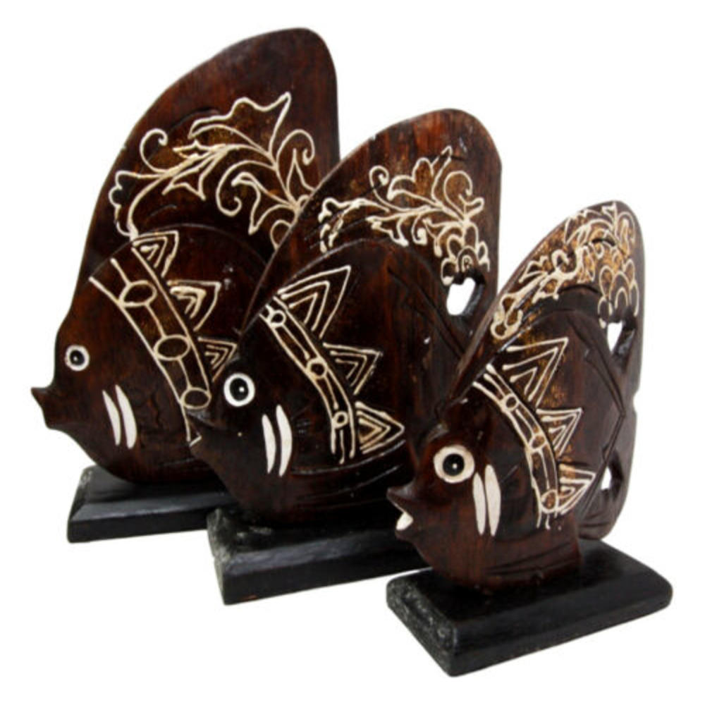 Ebros Gift Balinese Wood Handicrafts Tropical Crown Angel Fish Family Set of 3 Figurines
