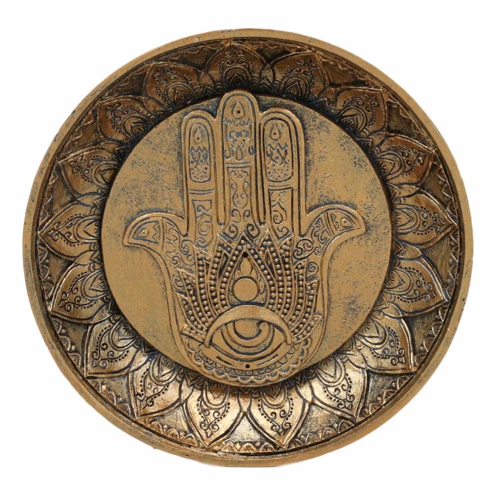 Ebros Gift Sacred Symbol Amulet Hand of God Hamsa Palm Facing Up with Evil Eye Round Incense Stick Holder Burner Figurine 5"...