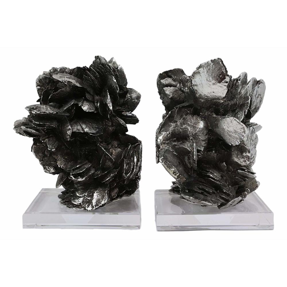 Ebros Gift Ebros Large Electroplated Silver Resin Contemporary Desert Rose On Acrylic Glass Bookends Pair Set of 2 Museum Gallery...