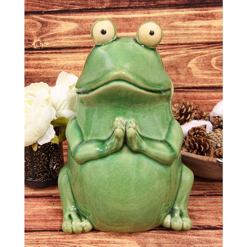 Ebros Gift Ebros 11.25" Tall Lilypad Wishes Ceramic Whimsical Meditating Yoga Green Frog Home and Garden Statue Praying Frogs...