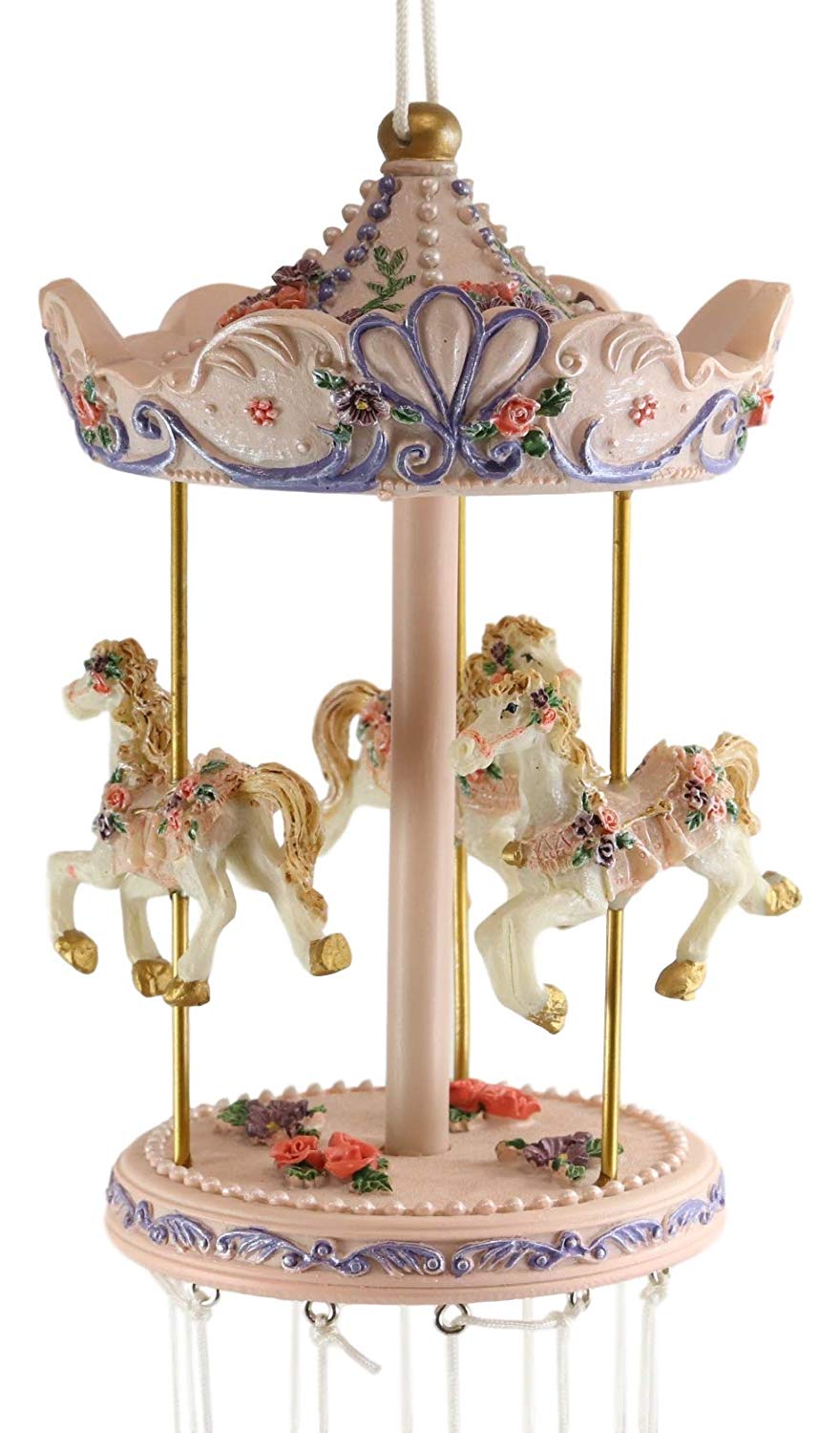 Ebros Gift Pink Carnival Canopy Pony Horses Carousel Figurine Crown Top Resonant Wind Chime With Miniature Ponies Ornaments...
