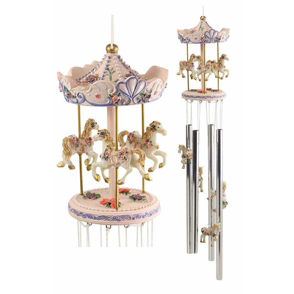 Ebros Gift Pink Carnival Canopy Pony Horses Carousel Figurine Crown Top Resonant Wind Chime With Miniature Ponies Ornaments...