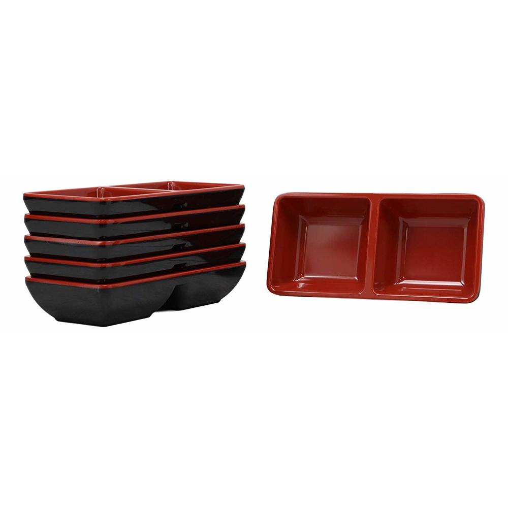 Ebros Gift Ebros Red And Black Melamine Traditional Design Condiments Ketchup BBQ Soy Sauce Dipping Bowl or Dish With Divider 2...