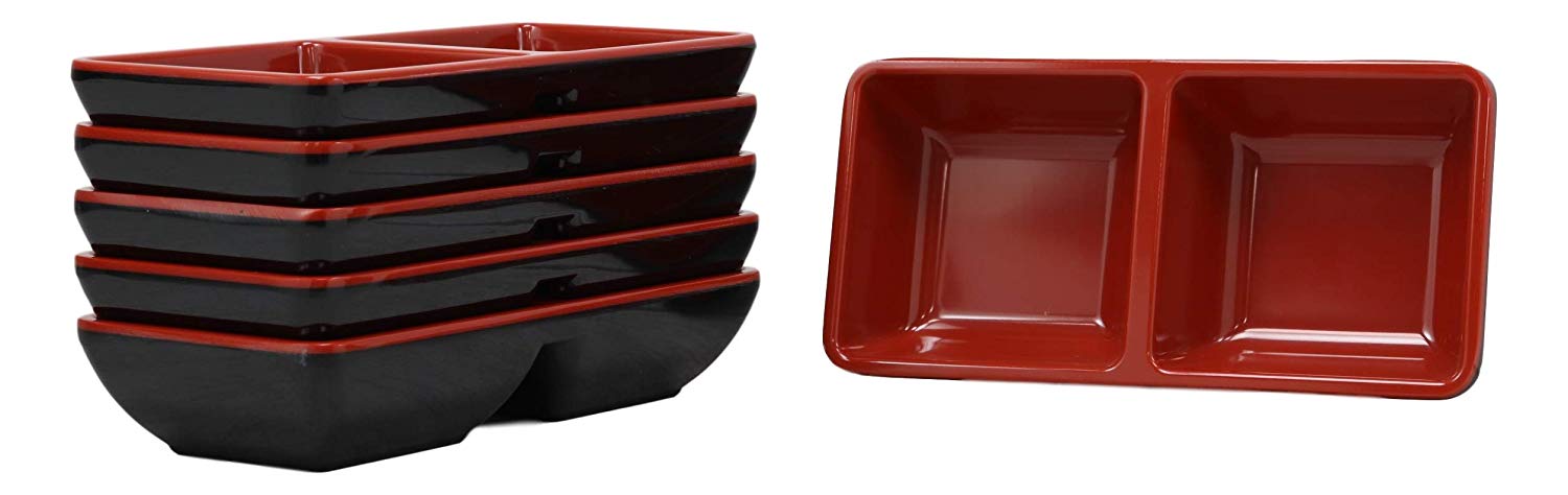 Ebros Gift Ebros Red And Black Melamine Traditional Design Condiments Ketchup BBQ Soy Sauce Dipping Bowl or Dish With Divider 2...