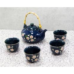 Ebros Gift Japanese Sakura Cherry Blossom Flowers Navy Blue Ceramic Tea Pot With 4 Cups Set