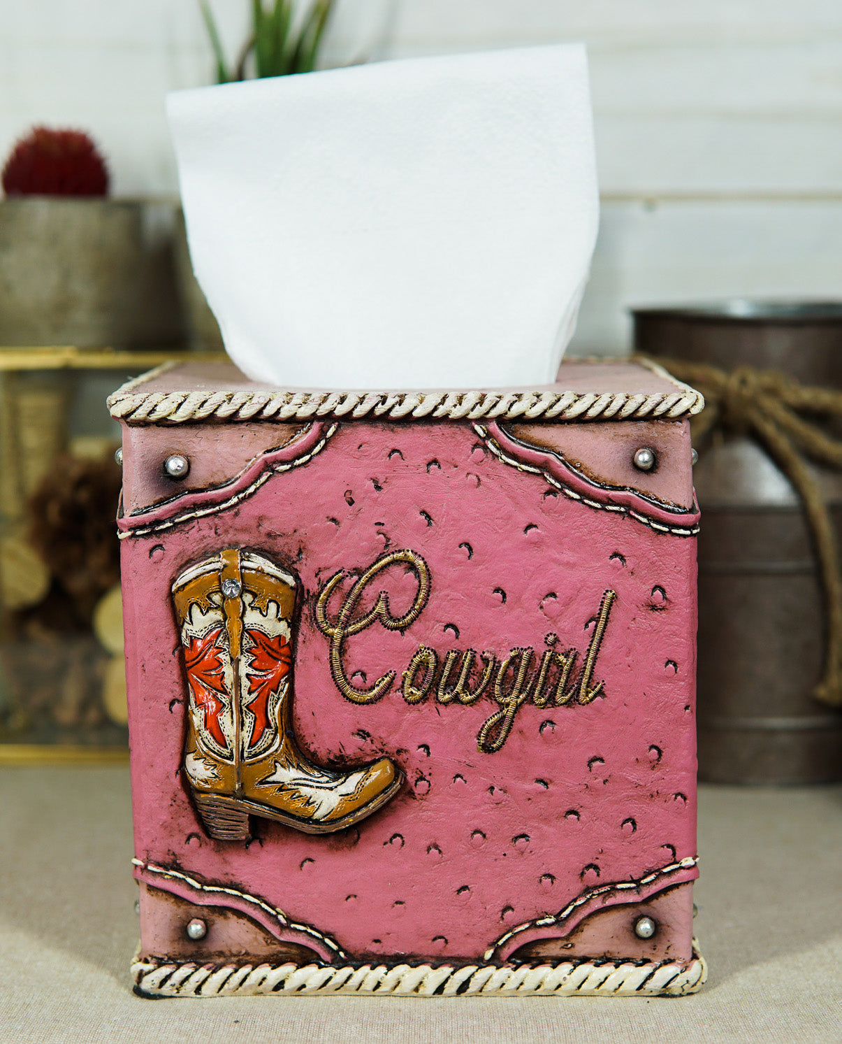 Ebros Gift Western Cowgirl Boot with Horseshoe Fabulous Pink Tissue Box Cover Sculpture