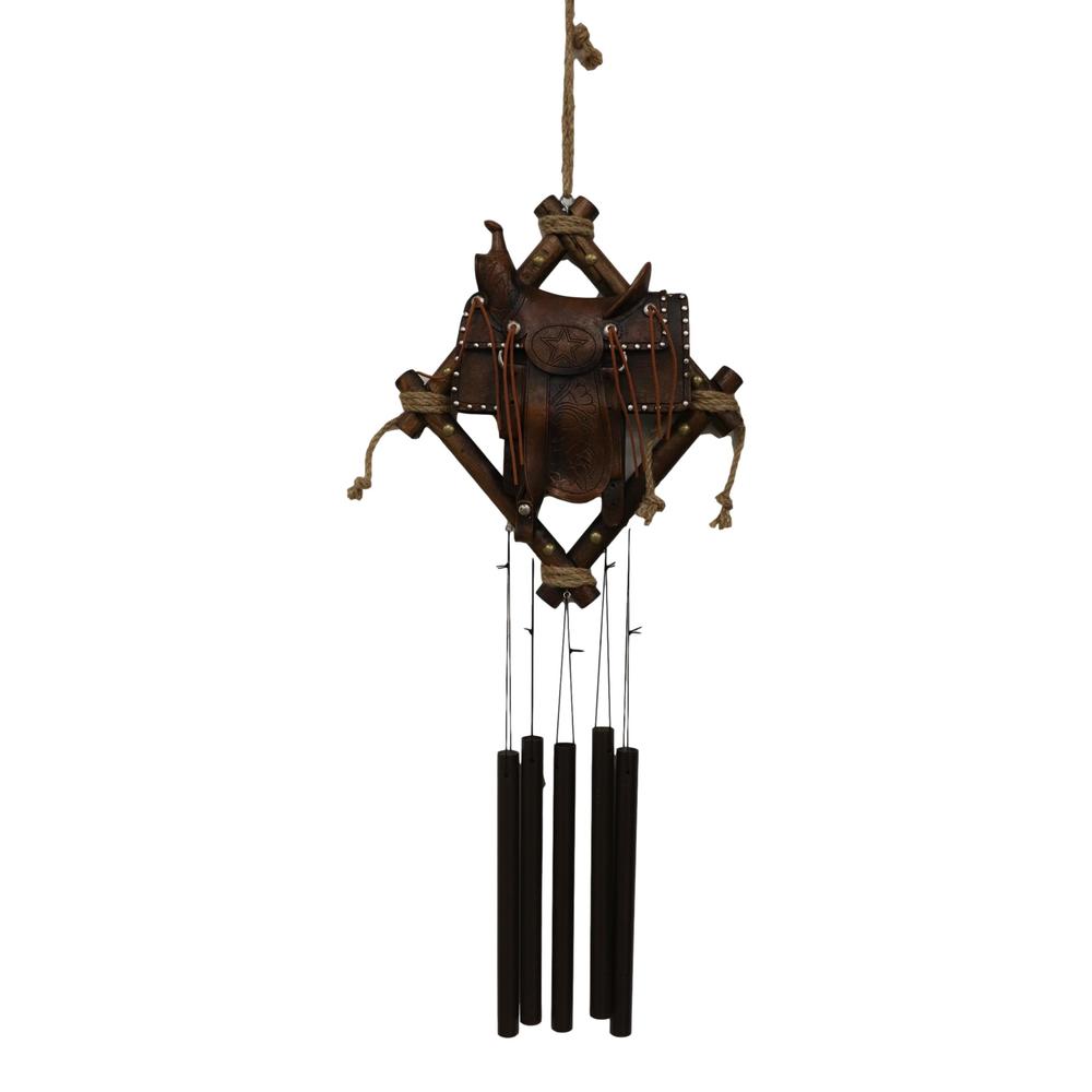 Ebros Gift Country Rustic Cowboy Horse Saddle Faux Tooled Leather Decorative Wind Chime