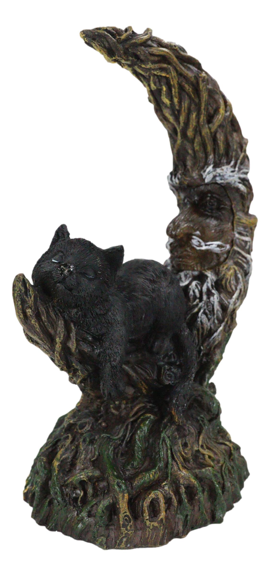 Ebros Gift Black Cat Sitting On Crescent Greenman Tree Moon Figurine With LED Night Light
