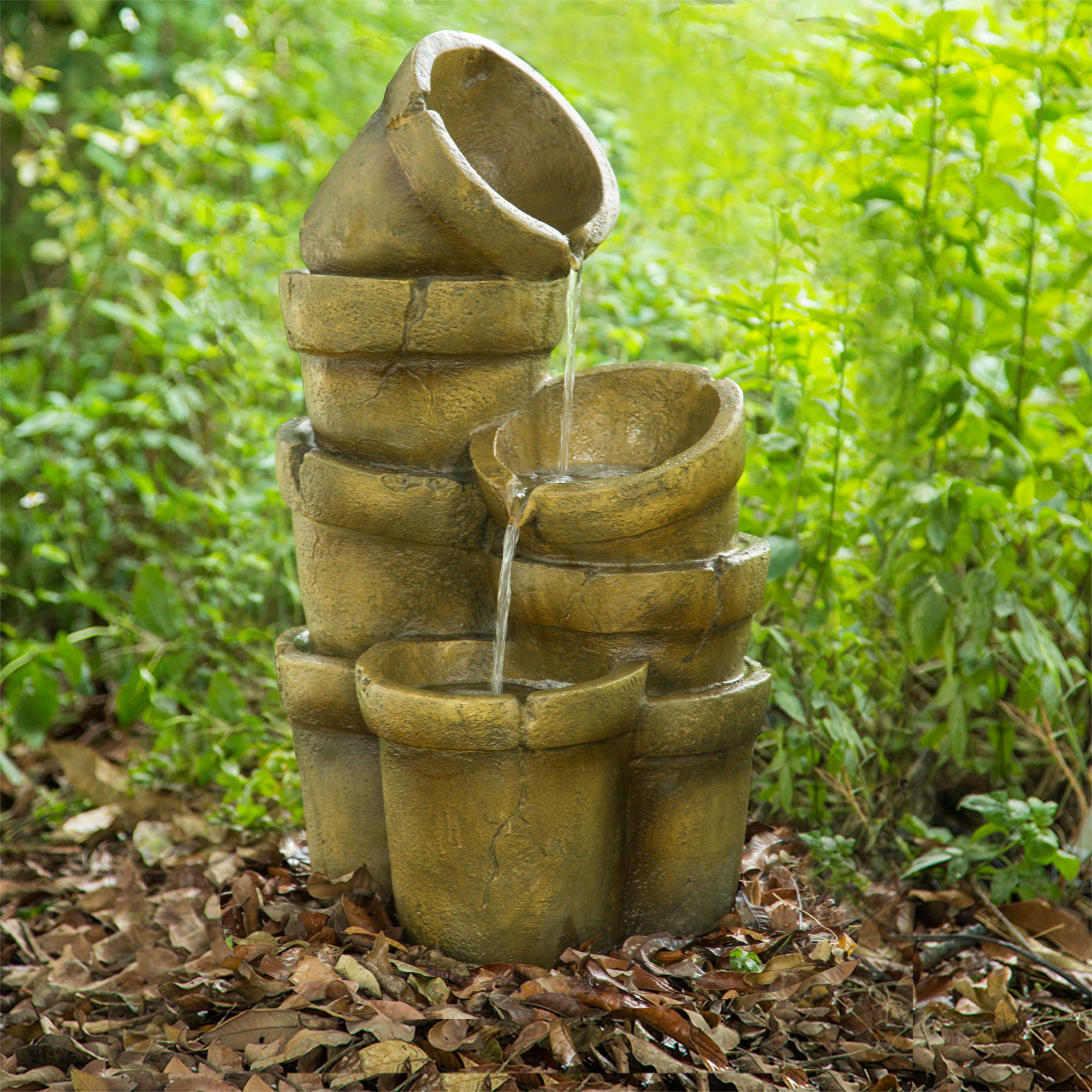 Teamson Home Outdoor Cascading Stacked Pot Waterfall Fountain, Brown