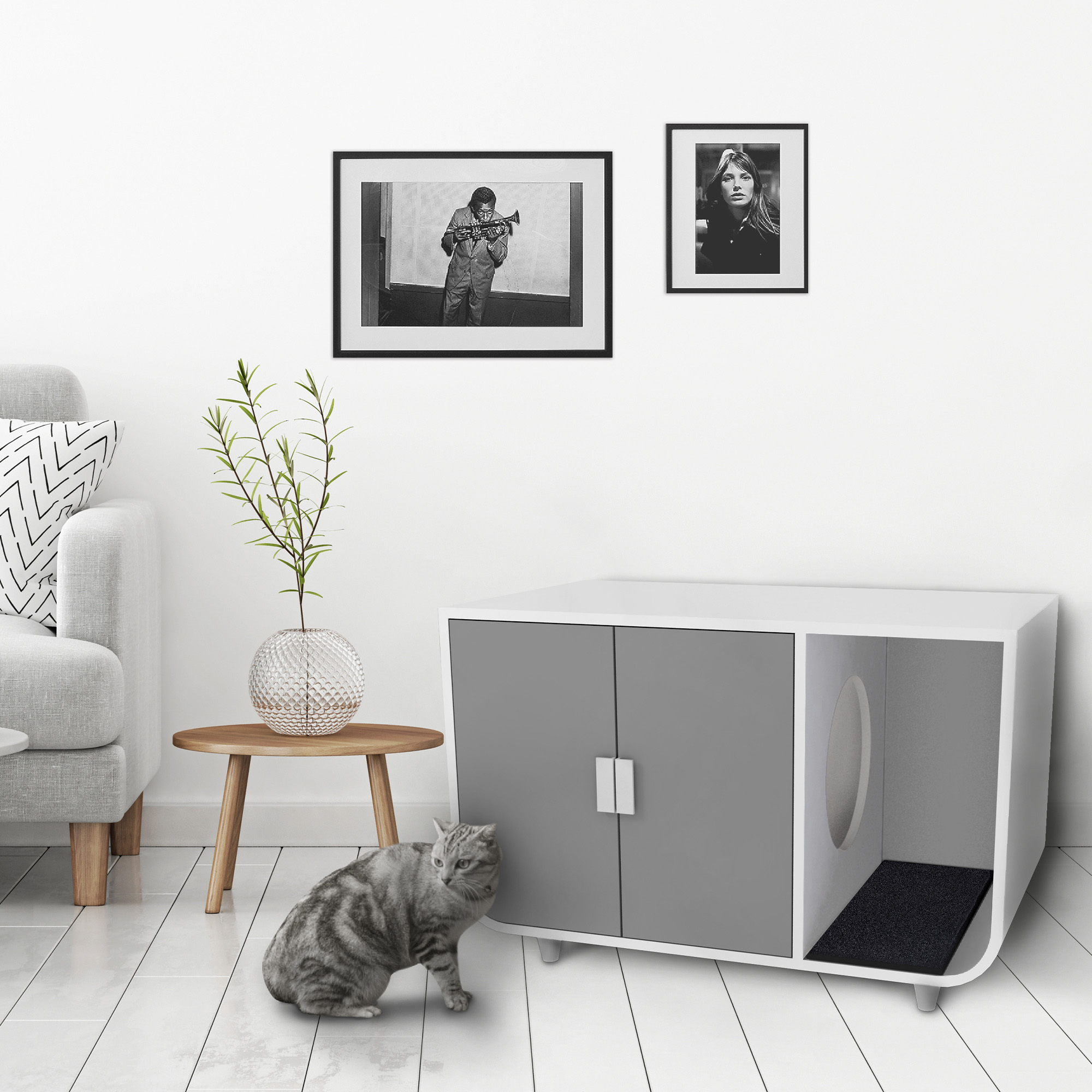 Teamson Pets Large Dyad Wooden Cat Litter Box Enclosure and Side Table, Alpine White/Gray