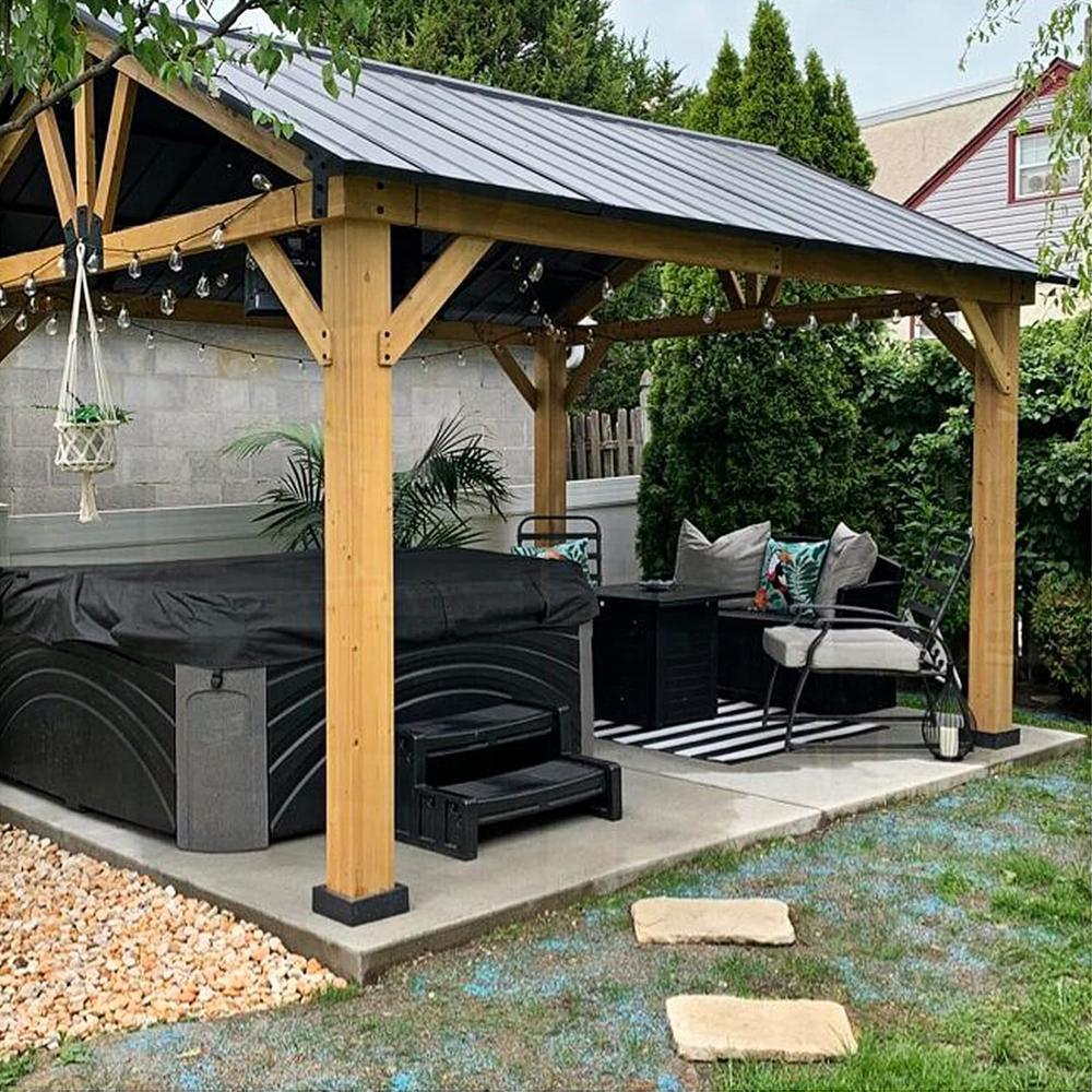 EAGLE PEAK 13x11 Cedar Frame Hardtop Gazebo, Natural Wood Outdoor Pavilion with Black Powder Coated Steel Gable Roof