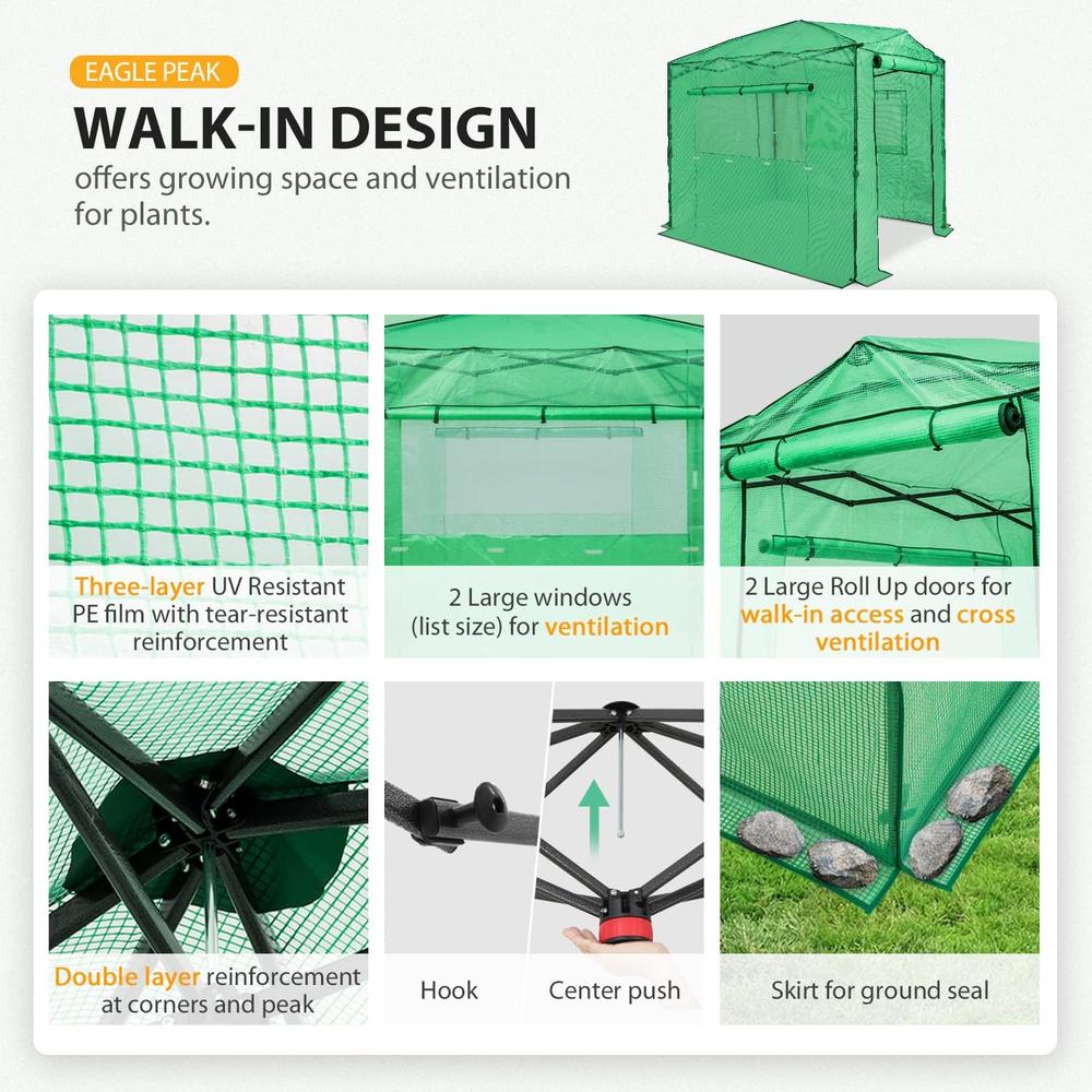 EAGLE PEAK 8'x6' Portable Walk-in Greenhouse Instant Pop-up Indoor Outdoor Plant Gardening Green House Canopy