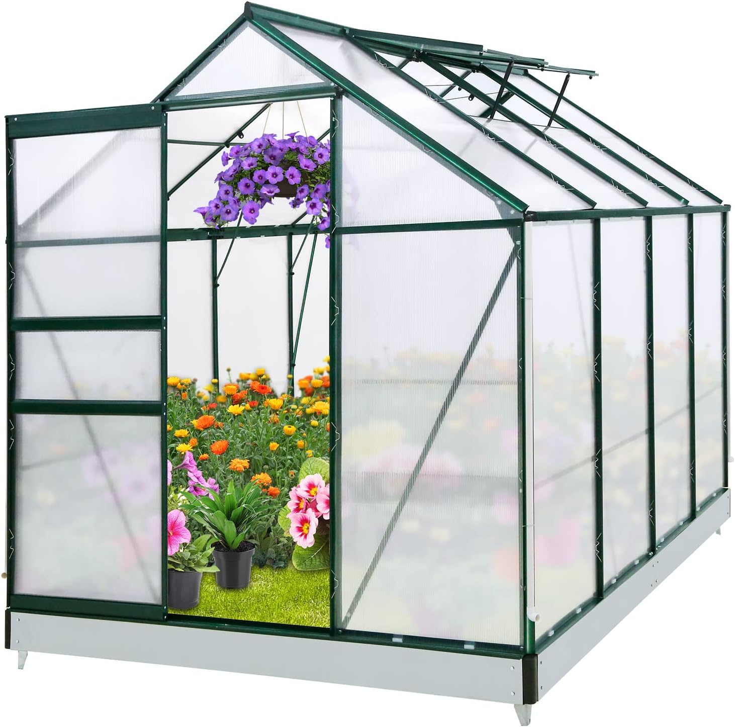 EAGLE PEAK 6x8x7 Outdoor Walk-in Hobby Greenhouse with Adjustable Roof Vent and Rain Gutter, Base and Anchor, Polycarbonate Alum