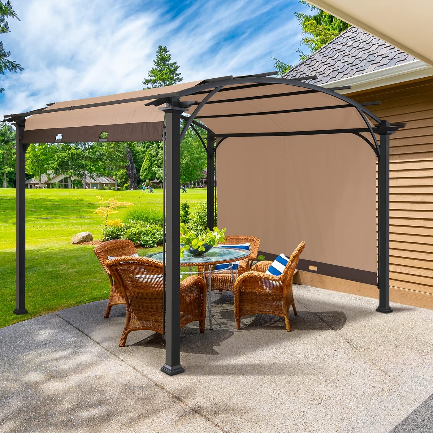 EAGLE PEAK Steel Arched Outdoor Pergola 11.4 x 11.4 ft. with Retractable and Adjustable Shade Canopy, Metal Frame Patio, Beige