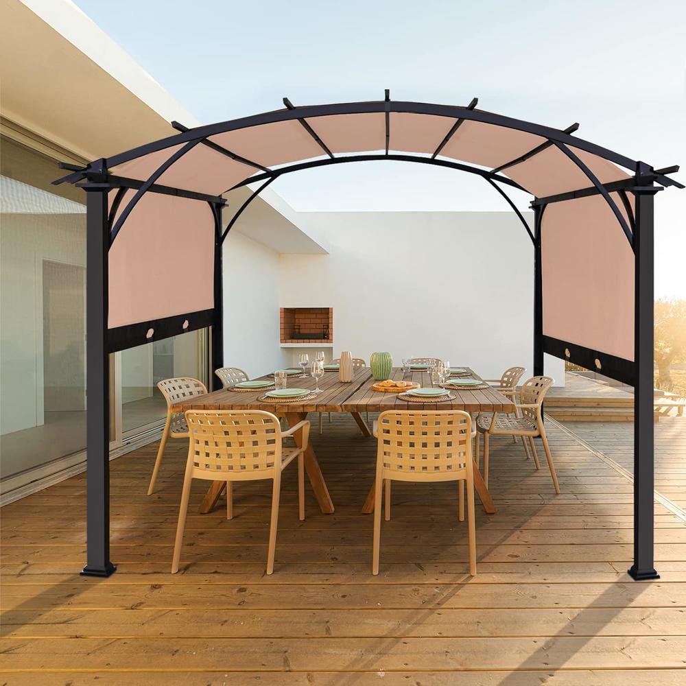EAGLE PEAK Steel Arched Outdoor Pergola 11.4 x 11.4 ft. with Retractable and Adjustable Shade Canopy, Metal Frame Patio, Beige