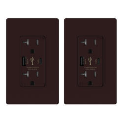ELEGRP 25-Watt 20 Amp Type A and Type C Dual USB Wall charger with Duplex TR Outlet,Wall Plate Included,Brown (2-Pack)