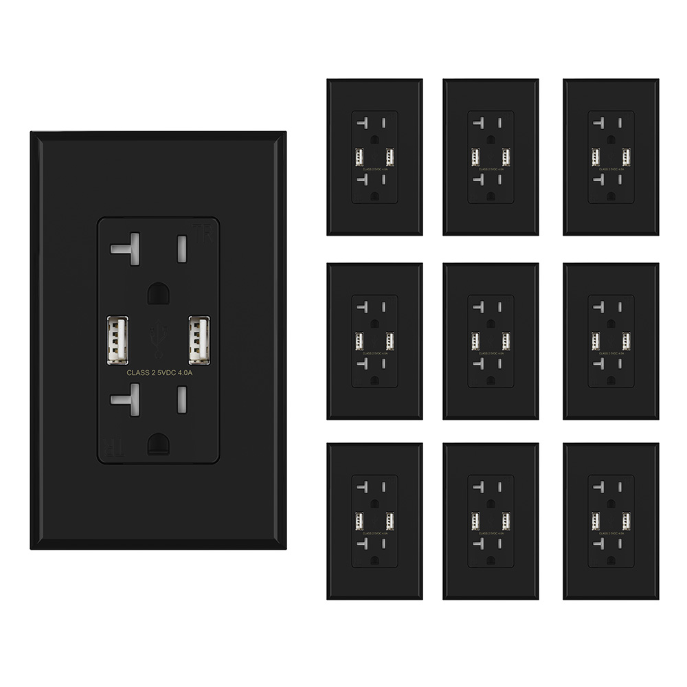 elegrp 4.0 Amp USB Outlet, Dual Type A In-Wall Charger with 20 Amp Duplex Tamper Resistant Outlet,Wall Plate Included, Black (10-Pack)