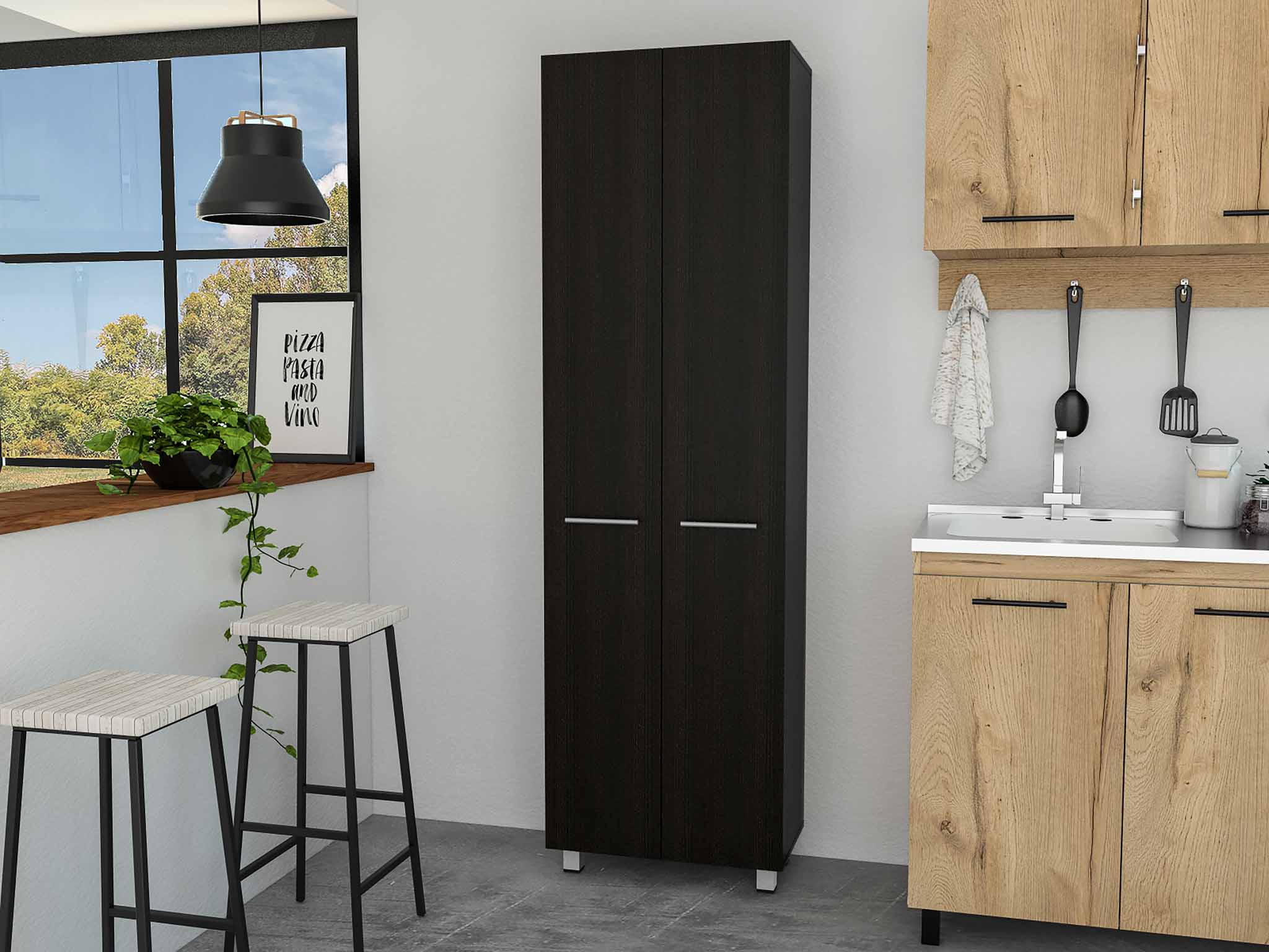 FM Furniture Pensacola Double Door Pantry Cabinet, Five Interior Shelves
